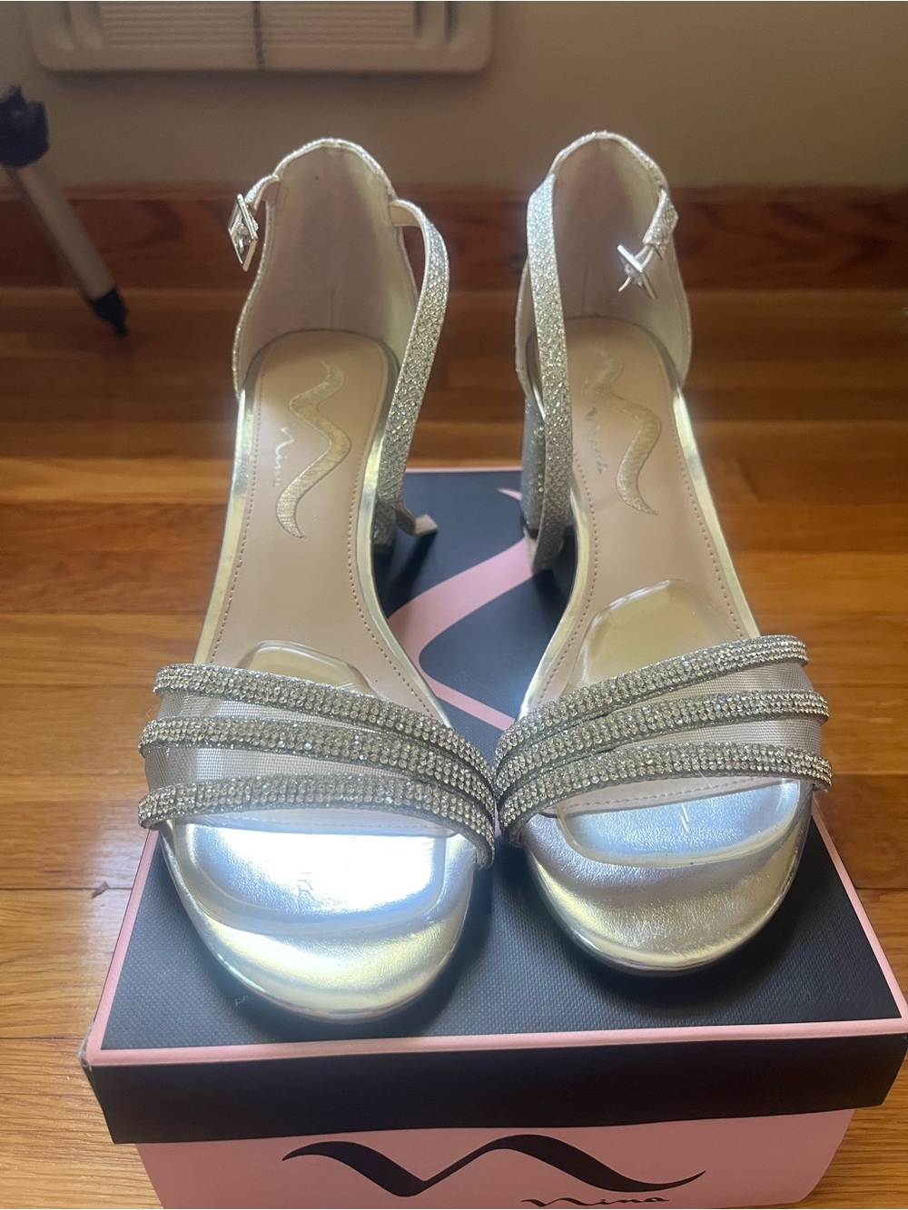 Nina Shoes Silver Rhinestone Strappy Block Heel Sandals
